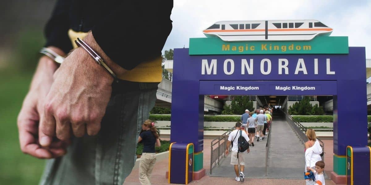 A close-up of someone's hands in handcuffs is on the left, hinting at a guest arrested incident. On the right, a family with a stroller and other visitors approach the entrance to a monorail at Disney World’s Magic Kingdom, marked by a large colorful sign.