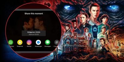 A collage featuring a fantasy drama series with a group of diverse characters against a dark, mysterious backdrop. An inset shows a phone screen displaying sharing options and a still from a romantic scene titled "Bridgerton" with a timestamp.