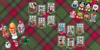 The limited-edition holiday-themed pattern features beloved Disney cartoon characters in window frames, surrounded by festive decor like a nutcracker, snowman, and gifts. Plush toys, including a bear and duck, cozy up in the corner against a red and green plaid backdrop.