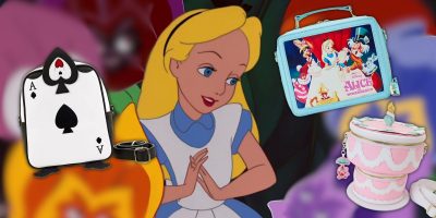 An animated girl with blonde hair and a blue dress looks down, surrounded by whimsical "Alice in Wonderland" themed items, including a playful loungefly crossbody bag. The colorful background creates a perfect wonderland for devoted Alice in Wonderland fans.