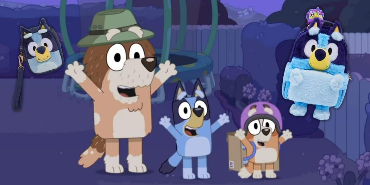Cartoon animals in a playful scene: A joyful dog wearing a green hat stands with two smaller dogs. One small dog wears a helmet, both raising arms gleefully beside their Mini Backpack. Two plush toys, reminiscent of Bluey characters, are visible on the left and right sides of the image.