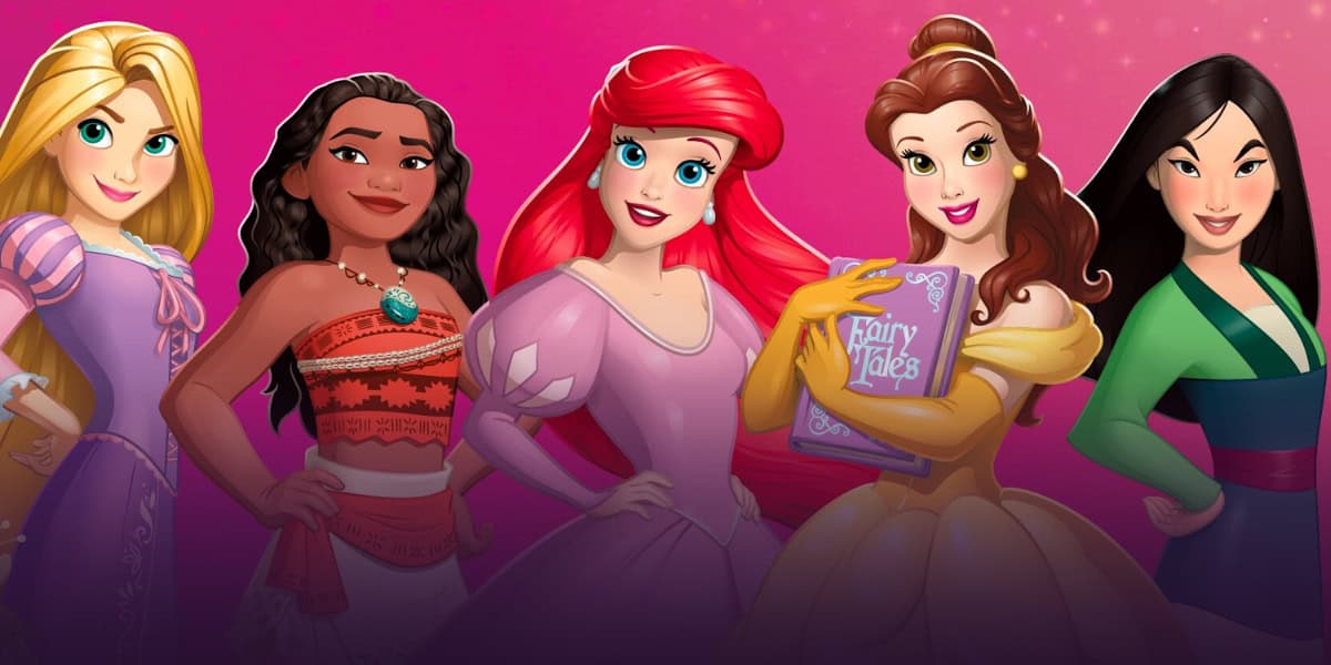 Five animated princesses stand side by side against a pink background, each showcasing distinctive clothing and hairstyles. The Disney Princess in the middle holds a book labeled "Fairy Tales," embodying the magic that's perfect for Christmas gifts.