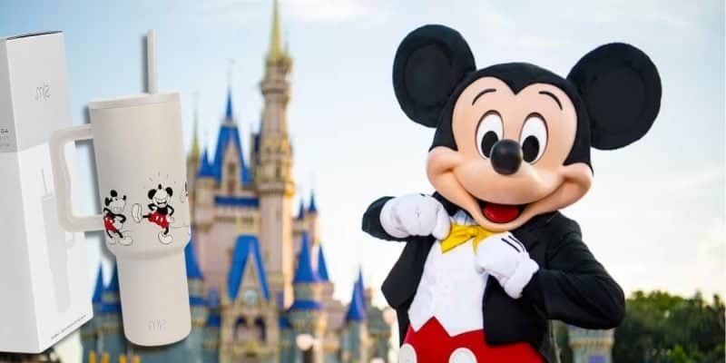 A stylish choice for fans, this tall white Disney stainless steel tumbler featuring images of Mickey Mouse stands on the left against the blurred backdrop of a castle. To the right, a person in a Mickey Mouse costume smiles and gestures with a classic cartoonish expression.