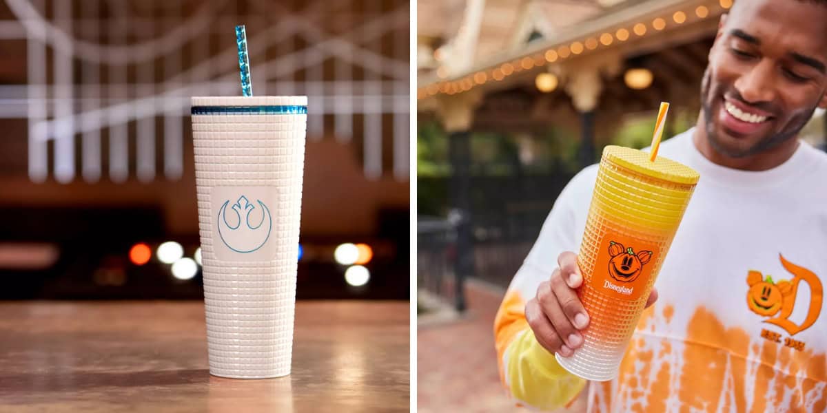 Two images side by side: on the left, a white beverage tumbler with a blue lid and straw featuring a logo. On the right, a man in a white shirt with orange graphics holds a similar tumbler, yellow with an orange lid and straw, featuring a bear-themed label. Magical Deals on Disney Starbucks Tumblers await!