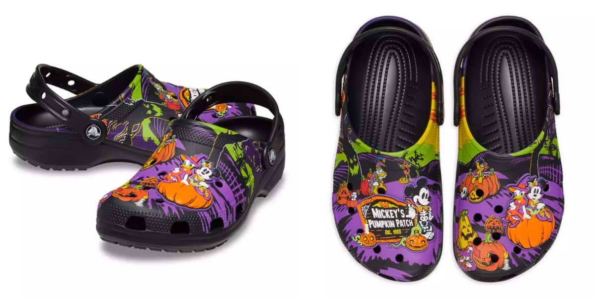 A pair of Crocs shoes featuring colorful Disney Halloween-themed designs. Available at the Disney Store, they showcase characters like Mickey Mouse, Minnie Mouse, and others surrounded by pumpkins, ghosts, and spooky decorations on a black and purple background—perfect for Mickey's Not-So-Scary Halloween Party.