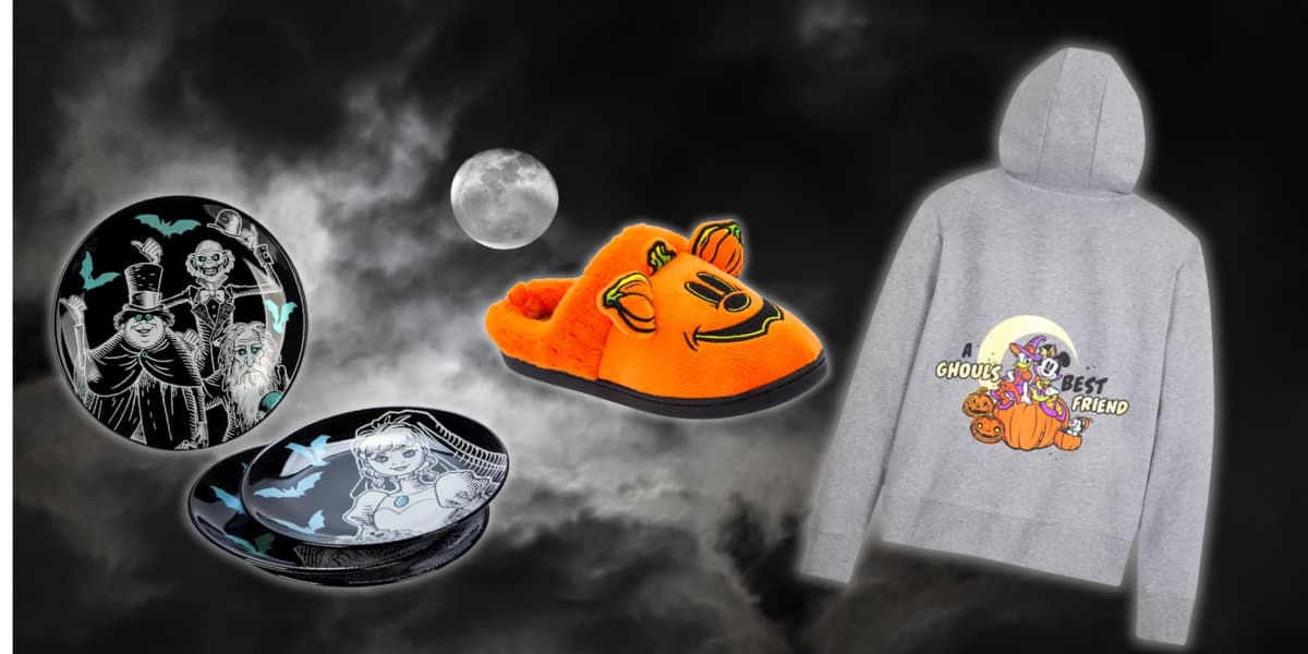 A dark, cloudy sky with a full moon serves as the background. In the foreground, there's a black plate with a spooky Disney illustration, another with a witch design. Orange slippers featuring a dog face and a gray hoodie boasting Halloween-themed graphics complete this enchanting scene of seasonal savings.