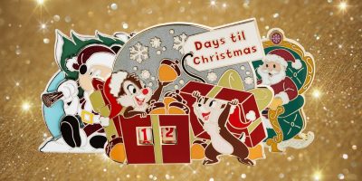 A Disney-themed illustration showcases cartoon characters joyfully celebrating the countdown to Christmas. This delightful image features a banner reading "Days til Christmas" amidst a decorative background of snowflakes and festive ornaments, reminiscent of limited edition Christmas pins.