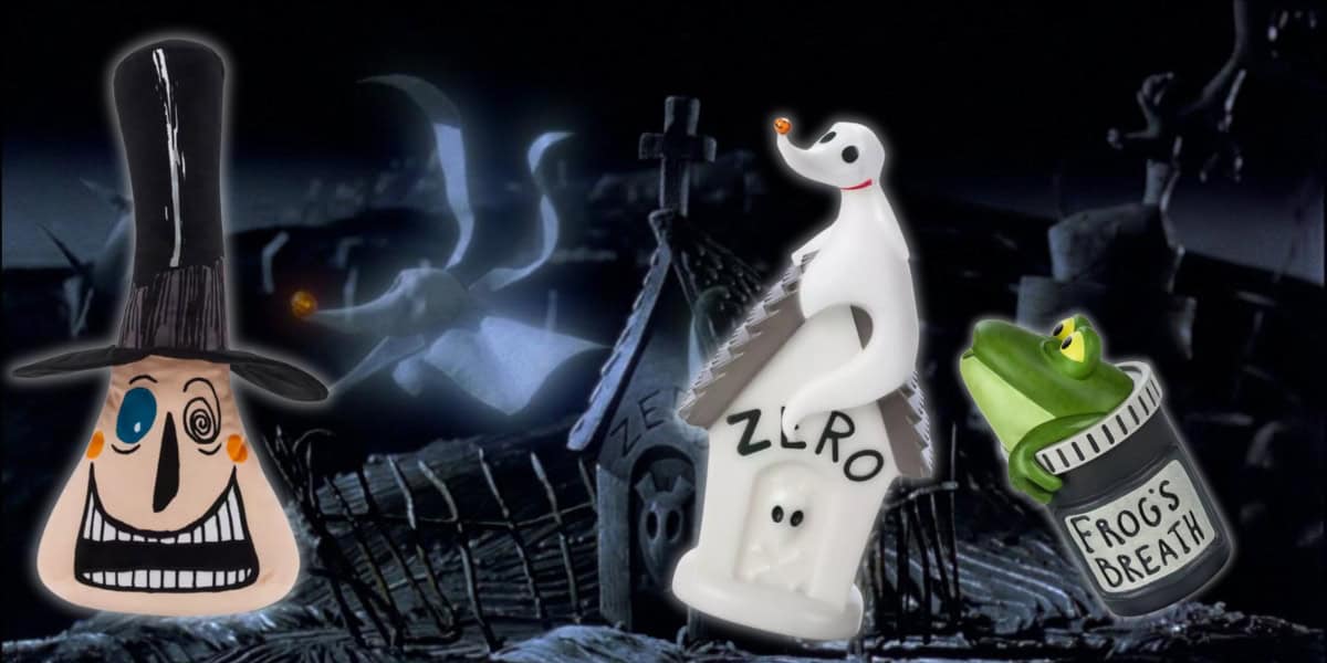 Discover the enchanting "Nightmare Before Christmas" figurines, featuring a smiling figure in a tall black hat, the ghostly pup Zero, and a jar labeled "Frog's Breath," all set against a dark graveyard decor. Enjoy 50% off this mesmerizing collection while stocks last!