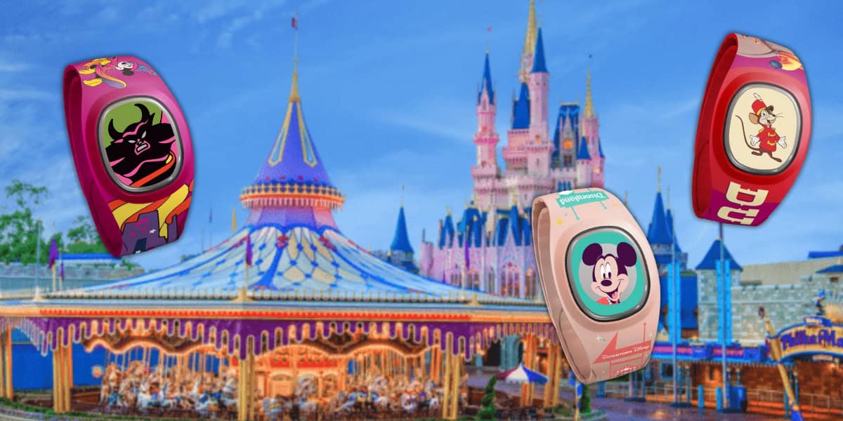 Three vibrant MagicBand+ wristbands, adorned with Disney characters from classic films, are showcased against a whimsical backdrop of a theme park carousel and an enchanting castle.