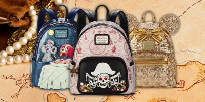 Three themed Loungefly Mini Backpacks are displayed. One features "Lady and the Tramp" with a navy and sparkly design, another with a skull and pirate theme, and the third showcases gold sequins with Mickey ears and a bow against a treasure map background. Experience Disney Magic at 30% Off!