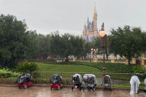 A row of strollers in front of Cinderella Castle at Walt Disney World Resort ahead of Hurricane Milton.