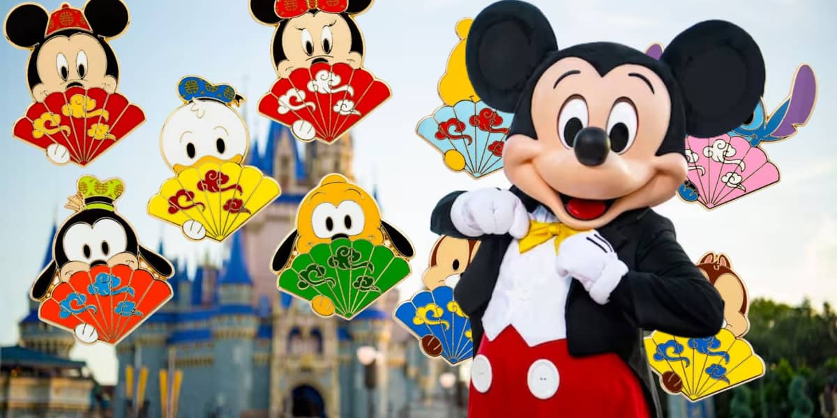 A cartoon character resembling a mouse in a tuxedo stands in front of a castle, embodying Disney Magic. Surrounding them are vibrant fan designs from the Character Mystery Pin Series, featuring various expressions of this beloved figure.