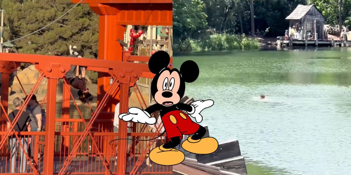 A cartoon mouse figure is superimposed over a split image. On the left, Disney Parks guests climb a red metal structure resembling a bridge. On the right, a person swims in a greenish river near a small wooden cabin.