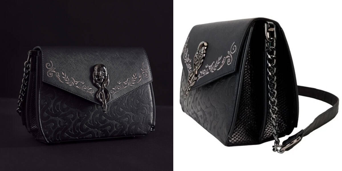Two views of an elegant black handbag from the Death Eater Collection showcase intricate embossed patterns and a metallic snake design on the front flap. Featuring a chain strap and detailed embellishments, this Loungefly piece is set against a simple black and white gradient backdrop.