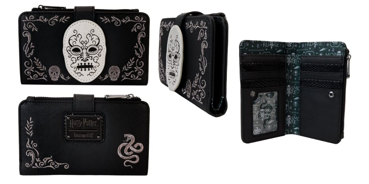 This Loungefly wallet features silver embroidery of a skull, snake, and floral designs, echoing dark magic themes. An embossed white skull graces the front. Inside, find card slots and a green patterned lining reminiscent of a Death Eater's secret stash.