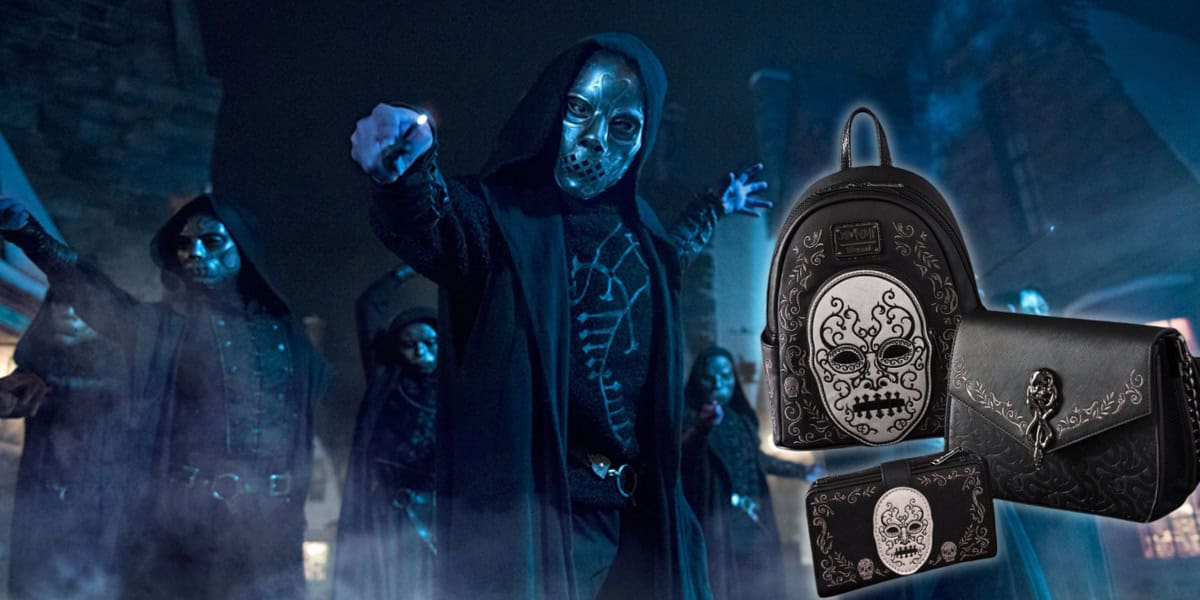 A group of people wearing dark cloaks and metallic masks in a dimly lit environment evokes an aura of Dark Magic. Overlay images reveal a Loungefly backpack, purse, and wallet, each adorned with a decorative, sinister mask design. The scene exudes a mysterious and ominous atmosphere.