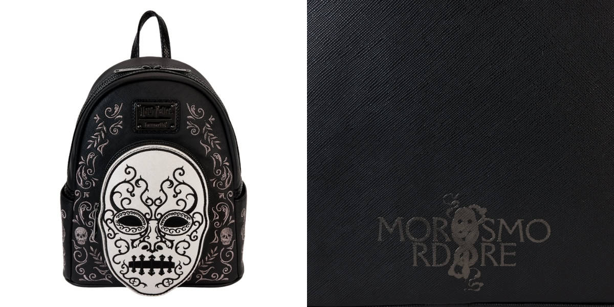 This Loungefly black backpack showcases intricate white embroidery with a stylized skull, reminiscent of the Death Eater Collection. On the right side, a close-up reveals the textured material with a subtle "MORSO RRDRE" design.