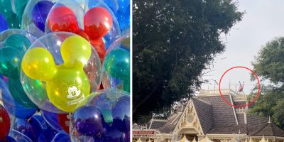 Left side: A cluster of colorful balloons with Mickey Mouse designs captures the Disney magic. Right side: A distant view of a building with a red and blue object, possibly a flag, circled in red on the roof—like an emergency signal—framed by trees.