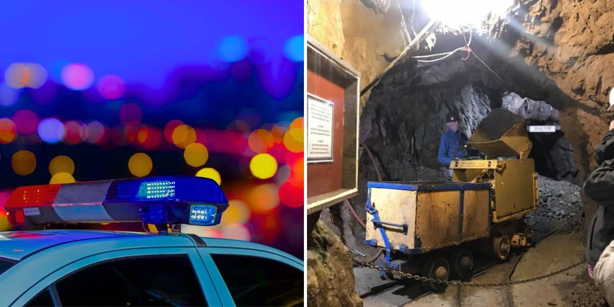 The image is divided into two parts: on the left, a police car's siren lights flash against a blurred city nightscape; on the right, a person operates machinery inside a dimly lit gold mine shaft, suggesting an air of urgency beneath the surface.