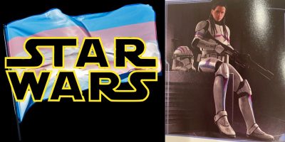 The image features a transgender Stormtrooper in futuristic armor seated on a ledge, holding a helmet. Behind them, a transgender flag flutters alongside the iconic "Star Wars" logo in bold yellow letters, sparking fan debate.