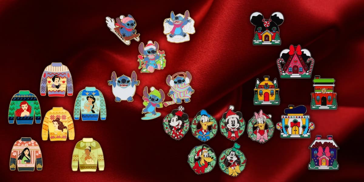 A collection of festive enamel pins brings Disney magic to life with colorful, holiday-themed designs. Featuring cartoon characters and charming touches like Christmas sweaters, ornaments, and small houses on a vibrant red satin background, these pins capture the spirit of the season beautifully.