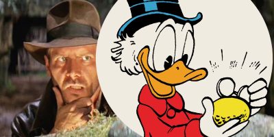 A cartoon duck wearing a top hat and red coat holds a glowing object, while a man in a fedora and leather jacket looks on with curiosity and surprise in the background.