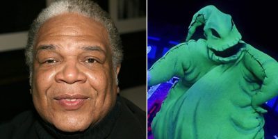 Split image with a close-up of an individual on the left, wearing a black shirt and smiling, and a character in a green outfit with a stitched face, resembling a burlap sack, on the right. The background appears dark, evoking scenes from *Nightmare Before Christmas*. The character is possibly in a performance setting.