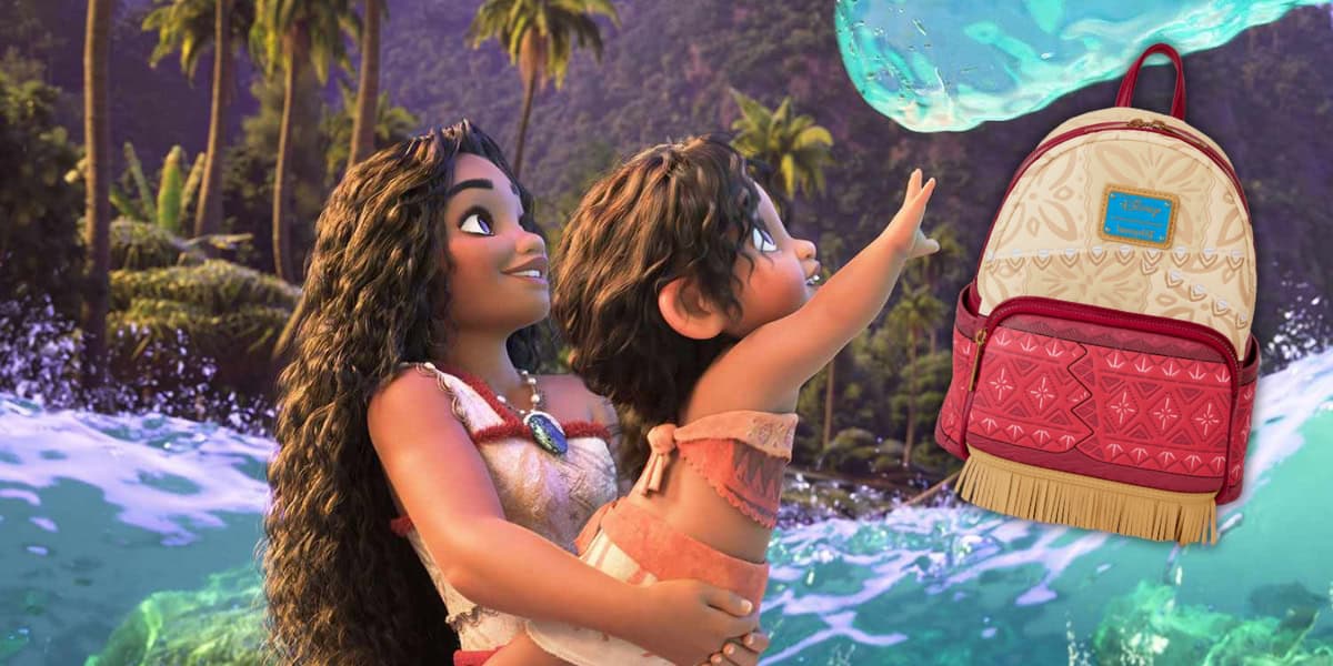 A young girl holds a baby by the ocean waves, gazing at the sky. Against lush greenery, a colorful Cosplay Mini Backpack, perfect for Moana 2 fans ready to pre-order their adventure gear, is displayed to the right.