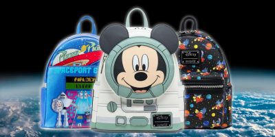 A set of three vibrant Disney Mini Backpacks is displayed against a backdrop of Earth from space. The center boasts an astronaut suit with a mouse head design, the left embraces a "Pizza Planet" theme, and the right features a Loungefly space pattern with planets and rockets.