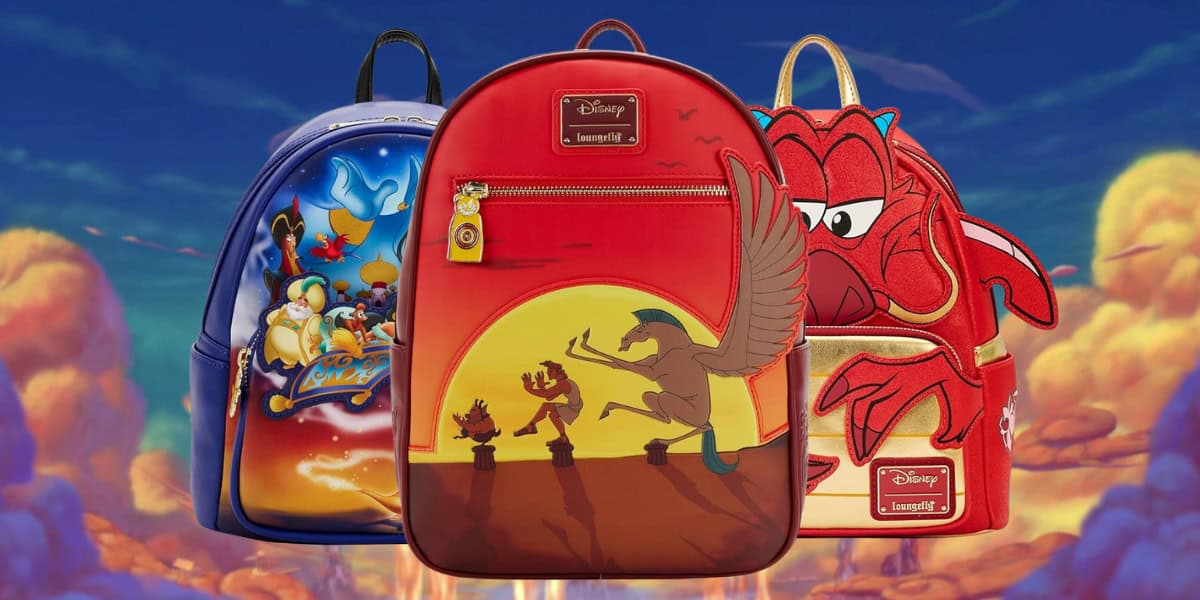 Three colorful Disney Loungefly backpacks are displayed against a dreamy sky background, evoking feelings of nostalgia for '90s kids. The designs feature scenes and characters from "Aladdin," "The Lion King," and a red dragon-themed bag, each showcasing unique artwork true to its theme.
