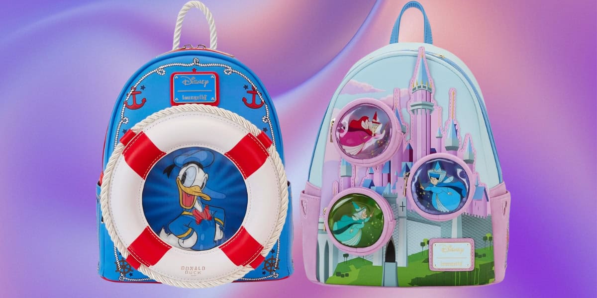 Two vibrant backpacks on a colorful background. The left backpack features a nautical theme with Donald Duck and a life preserver, perfect for your Disney Loungefly collection. The right showcases a castle scene with Ariel and Tiana in circular windows. Both make charming accessories for Amazon Prime Day deals.