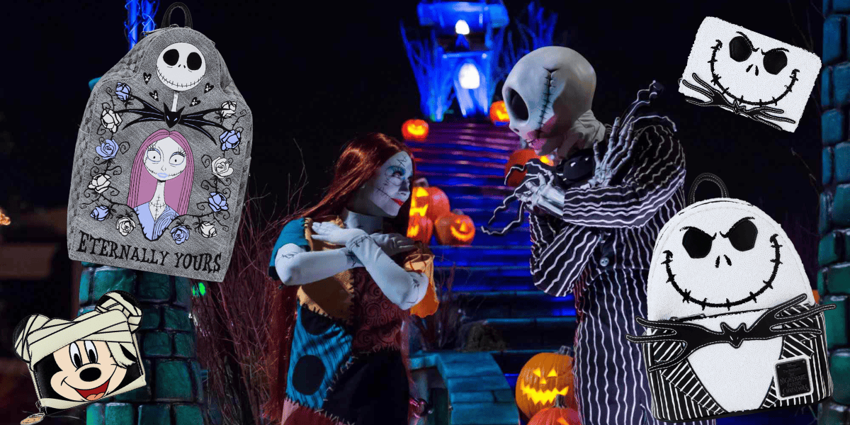 A person in a black and white striped costume with a skull mask and another in a multicolored patchwork costume perfectly mimic characters from Disney Halloween. Loungefly bags and wallets surround the scene, complemented by pumpkins and spooky decorations, making it frightfully fun.