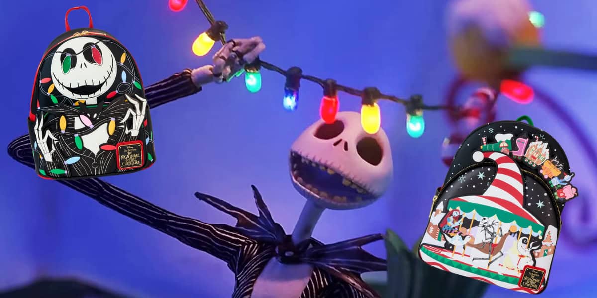 An animated skeleton character festively hangs colorful lights, flanked by two themed Loungefly backpacks. The left backpack boasts a skeleton face reminiscent of Nightmare Before Christmas, while the right showcases festive animals in winter attire. The vibrant blue background enhances this spooky collection.