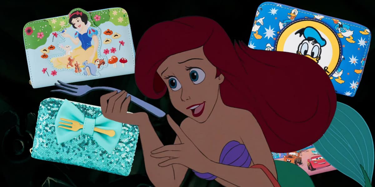 A cartoon character with a curious expression holds a fork, surrounded by must-have colorful wallets. Featuring designs of another character, snow scenes, and a car, these Amazon treasures are adorned with bows, sparkles, and patterns—perfect for any Loungefly Disney Wallets collection.