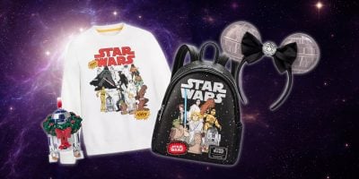Star Wars merchandise collage: a white sweatshirt adorned with iconic characters, a black backpack boasting Star Wars imagery, futuristic Minnie Mouse ears resembling the Death Star, and an R2-D2 figurine with festive decorations—all must-have gear from the Disney Store against a starry backdrop.