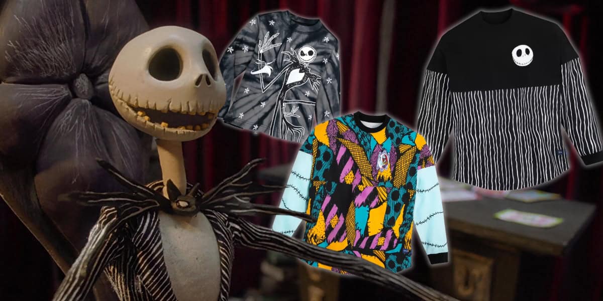A character with a skull-like head reminiscent of Jack from "Nightmare Before Christmas" sits on a chair. Three Spirit Jerseys with vibrant designs featuring the same character float beside them, set against a dark, moody ambiance.