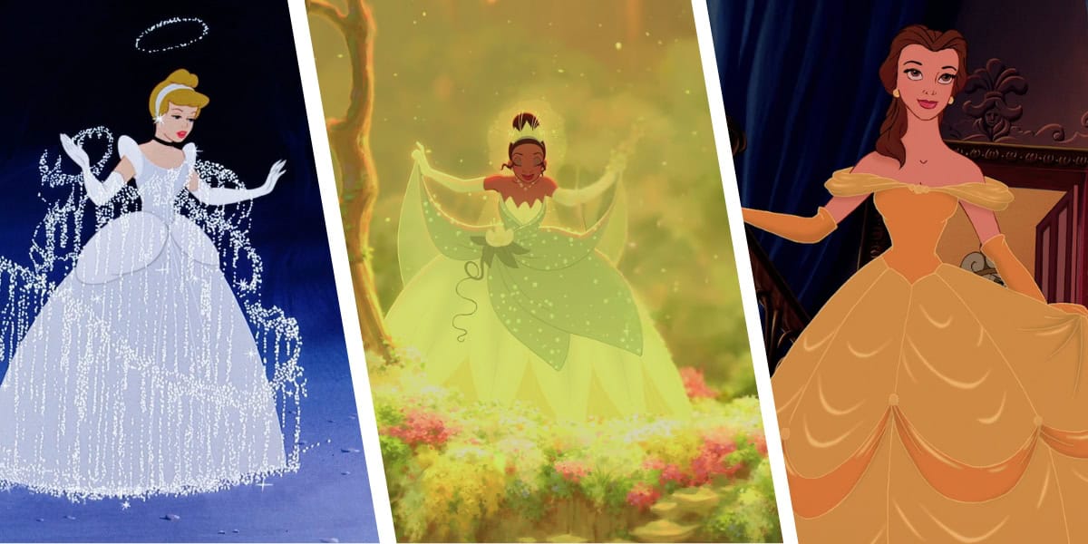 Three enchanting animated princesses are featured: the first in a sparkling blue gown, the second in a green dress surrounded by nature, and the third in a yellow off-shoulder gown in a dimly lit room, reminiscent of Disney Princess elegance. Perfect for any Loungefly Backpacks fan.