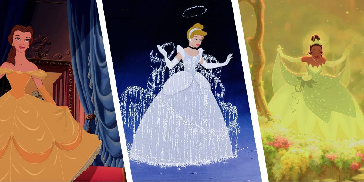 Three animated Disney Princesses are shown in separate panels: one wearing a yellow gown, another in a sparkling blue gown with a halo of light, and the third in a green dress surrounded by an enchanting natural setting. Discover Loungefly Backpacks inspired by their magical adventures.
