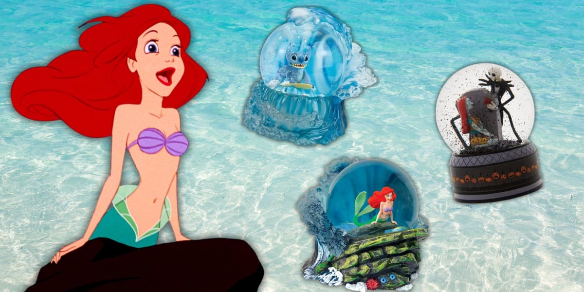 A cartoon mermaid with red hair sits on a rock in the ocean, surrounded by three magical Disney Snow Globes: one with a blue alien, another depicting the mermaid herself, and a third showcasing a villainous character—all offering affordable enchantment against a sunny, clear water backdrop.