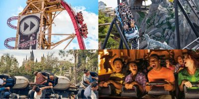 A collage of four amusement park images: a red roller coaster with a vertical track, a twisty roller coaster among rocks, a group on a ride in a rocky area with Universal Orlando's castle backdrop, and four people excitedly experiencing an indoor thrill attraction.