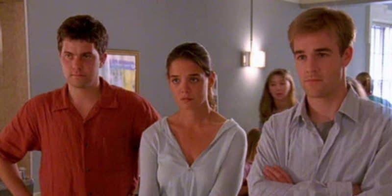 Joshua Jackson as Pacey, Katie Holmes as Joey, and James Van Der Beek as Dawson in Dawson's Creek