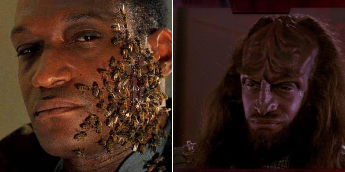 On the left, Tony Todd with bees covering part of their face embodies an eerie icon of horror. On the right, an individual with long hair and a ridged forehead resembling a Klingon from the Star Trek universe gives off a Hollywood-inspired mystique. The background is dark and shadowy in both images.