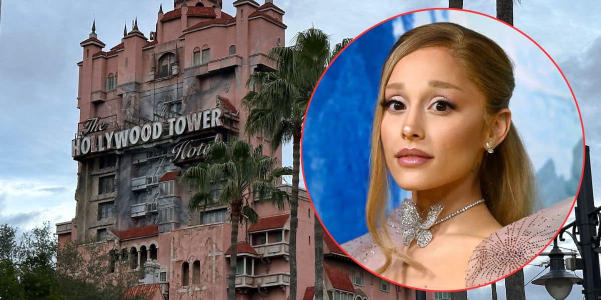 A grand, weathered building labeled "The Hollywood Tower Hotel" surrounded by palm trees on a cloudy day. An inset circle shows a woman with long hair wearing a sparkling dress and butterfly necklace, set against a blue background.