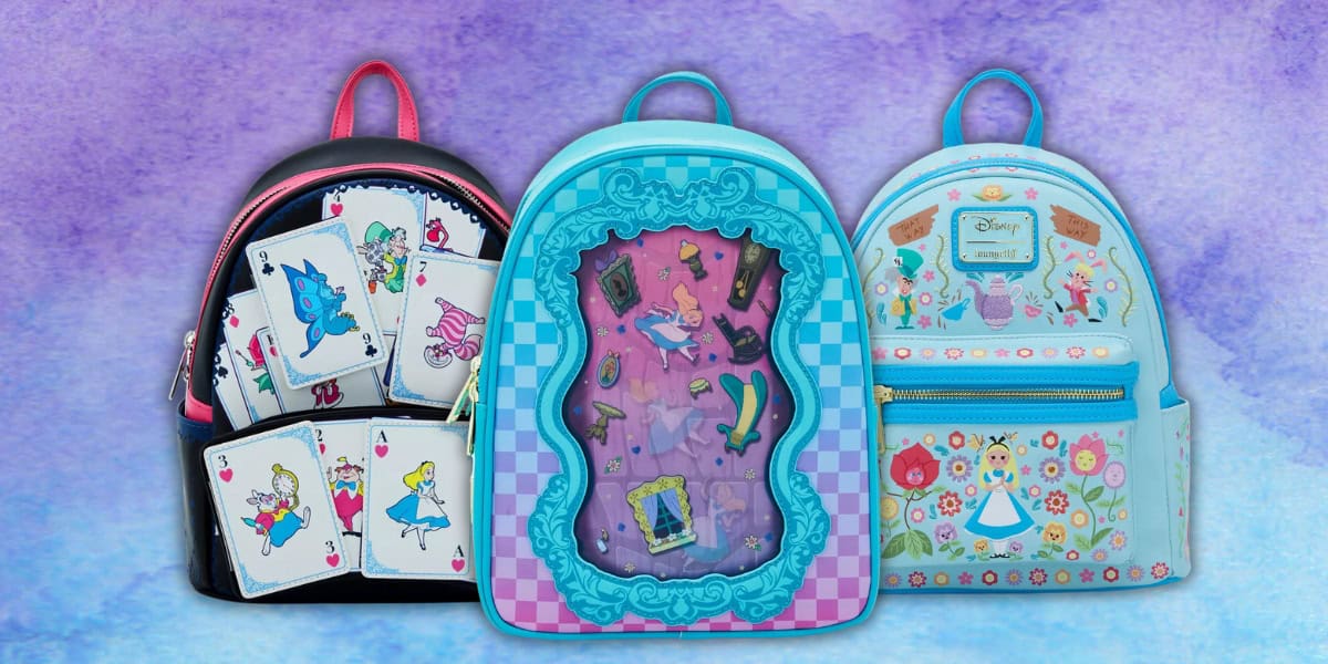 Discover three colorful Loungefly mini backpacks with Alice in Wonderland themes: one features whimsical playing cards, another depicts a scene of falling objects, and the third boasts a charming floral pattern and small characters, all set against a dreamy watercolor purple backdrop.
