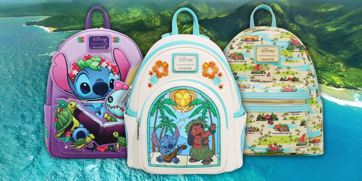 Three vibrant Loungefly backpacks are displayed against a scenic coastal backdrop. Each Disney-themed bag boasts animated designs, including playful characters like Lilo & Stitch from the Disney universe, making them perfect finds for BoxLunch collectors and fans alike.