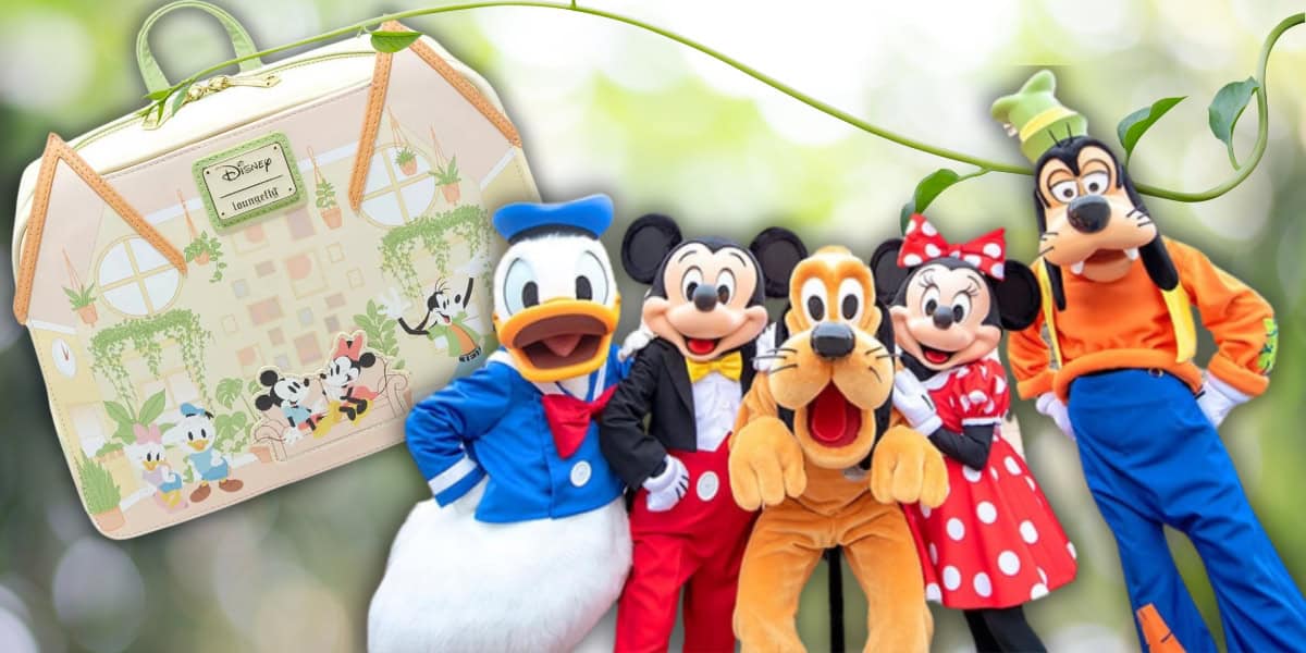 Disney friends Donald Duck, Mickey Mouse, Pluto, Minnie Mouse, and Goofy are cheerfully posing together outdoors. To the left, a Disney-themed Loungefly backpack showcases playful illustrations of the characters. Green vines frame this joyful scene.