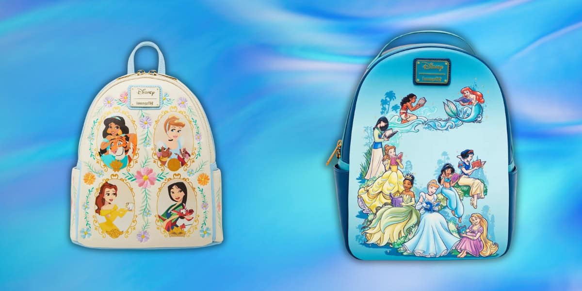 Explore the enchanting world of Disney Royalty with two BoxLunch exclusive princess backpacks. The left backpack boasts white floral patterns with princess portraits, while the right backpack is a royal blue, showcasing several beloved princesses together against a magical backdrop.