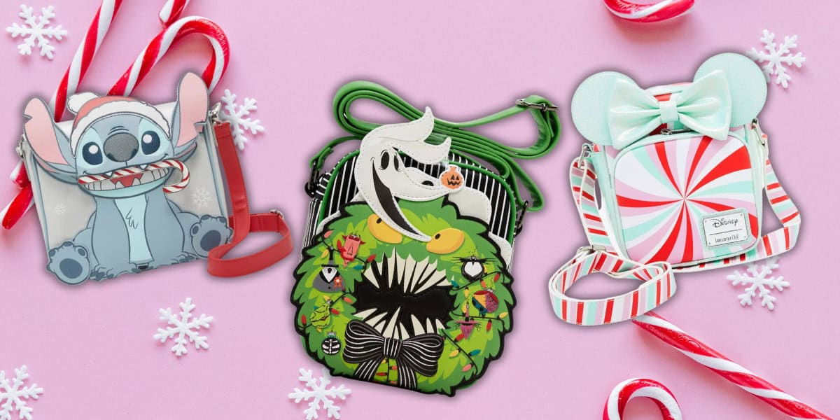 Three festive novelty bags on a pink background with candy canes and snowflakes: a blue character with wide eyes and big ears, a green bag with a sinister face, and a peppermint-themed Disney Loungefly crossbody bag with mouse ears and a large blue bow.