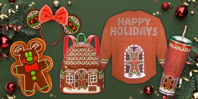 Discover the Disney Gingerbread Collection, a festive ensemble including a gingerbread-themed backpack, gingerbread-shaped pillow, brown jacket with "Happy Holidays" text, holiday magic mouse ears, and a decorated travel tumbler on a green backdrop adorned with holiday ornaments.