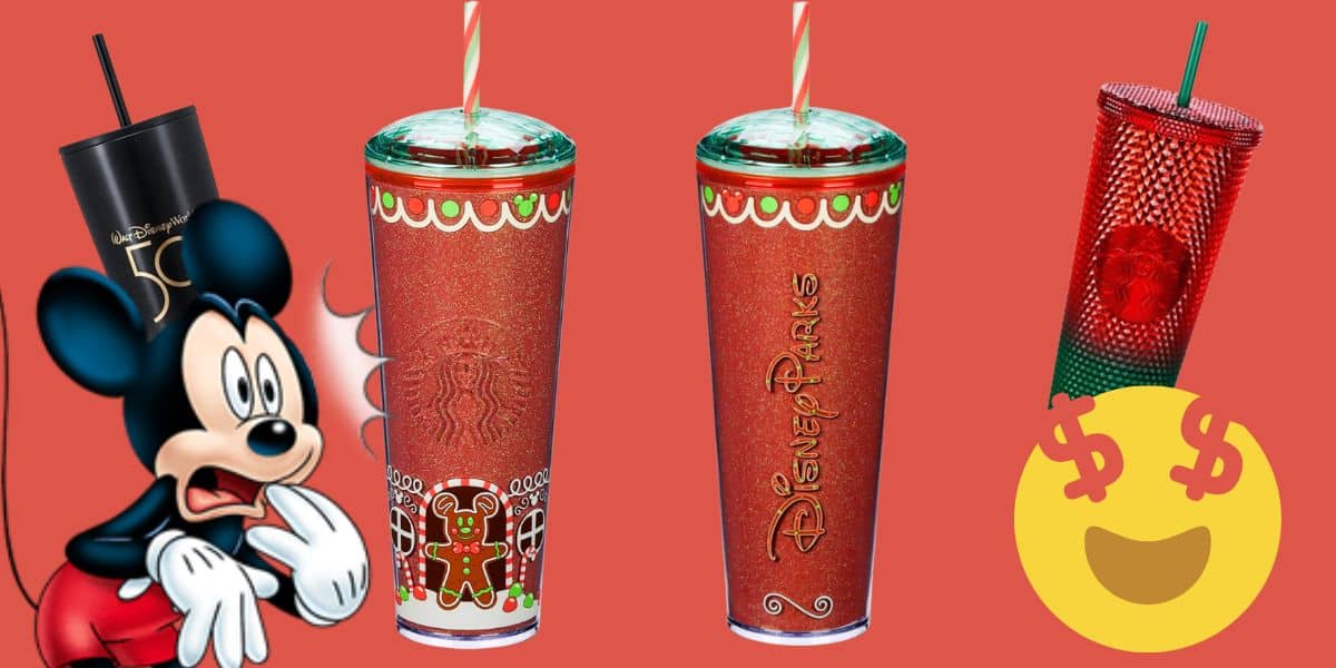 A collaged image features three red Starbucks tumblers adorned with holiday Disney designs. Mickey Mouse is on the left with a shocked expression, while a laughing face with dollar signs for eyes hints at slashed prices on the right. The background is a solid red color.